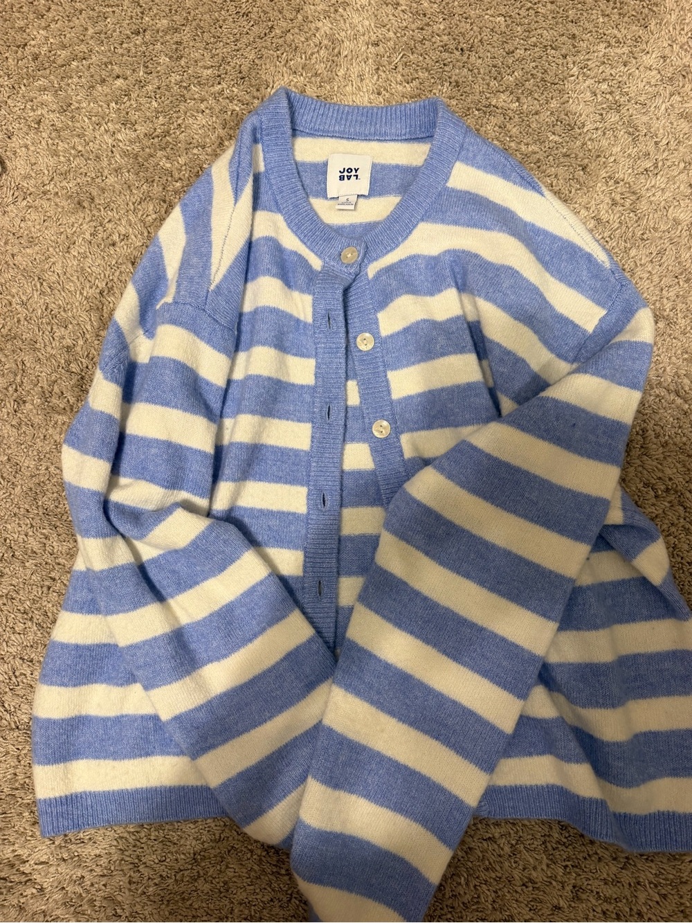 JoyLab Blue & White Striped Crewneck Button Cardigan